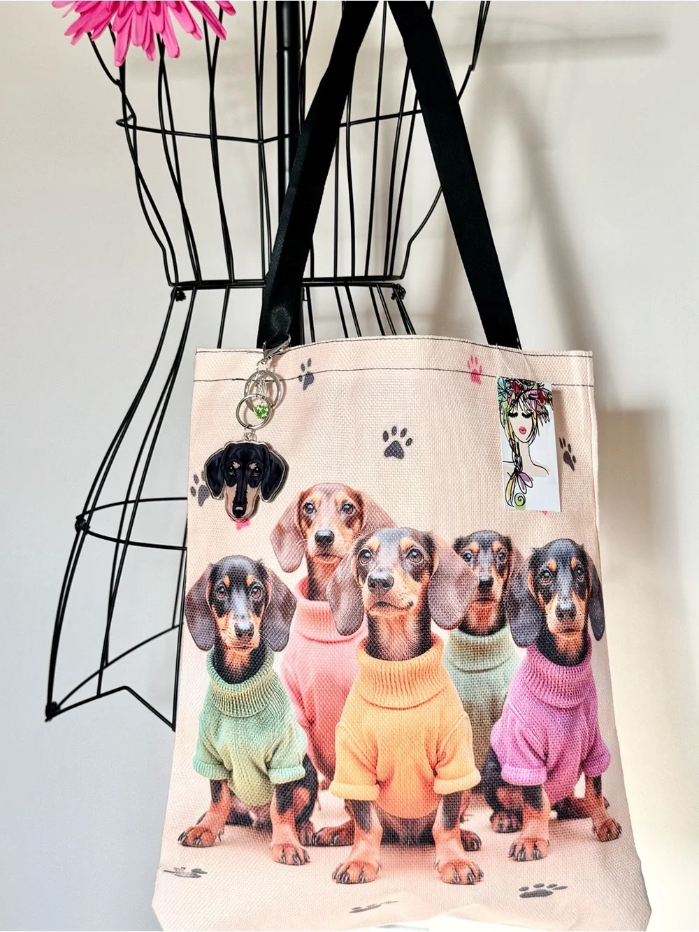 New Dachshund Dogs in Colorful Sweaters Shopping Bag Purse Tote w/ Charm - 16”